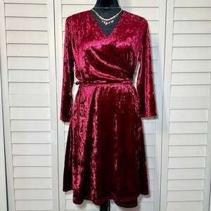 Burgundy Crushed Velvet Long Sleeve Faux Wrap Dress